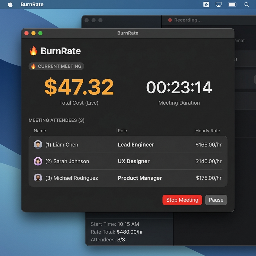 BurnRate app running on macOS showing a live meeting cost of $47.32